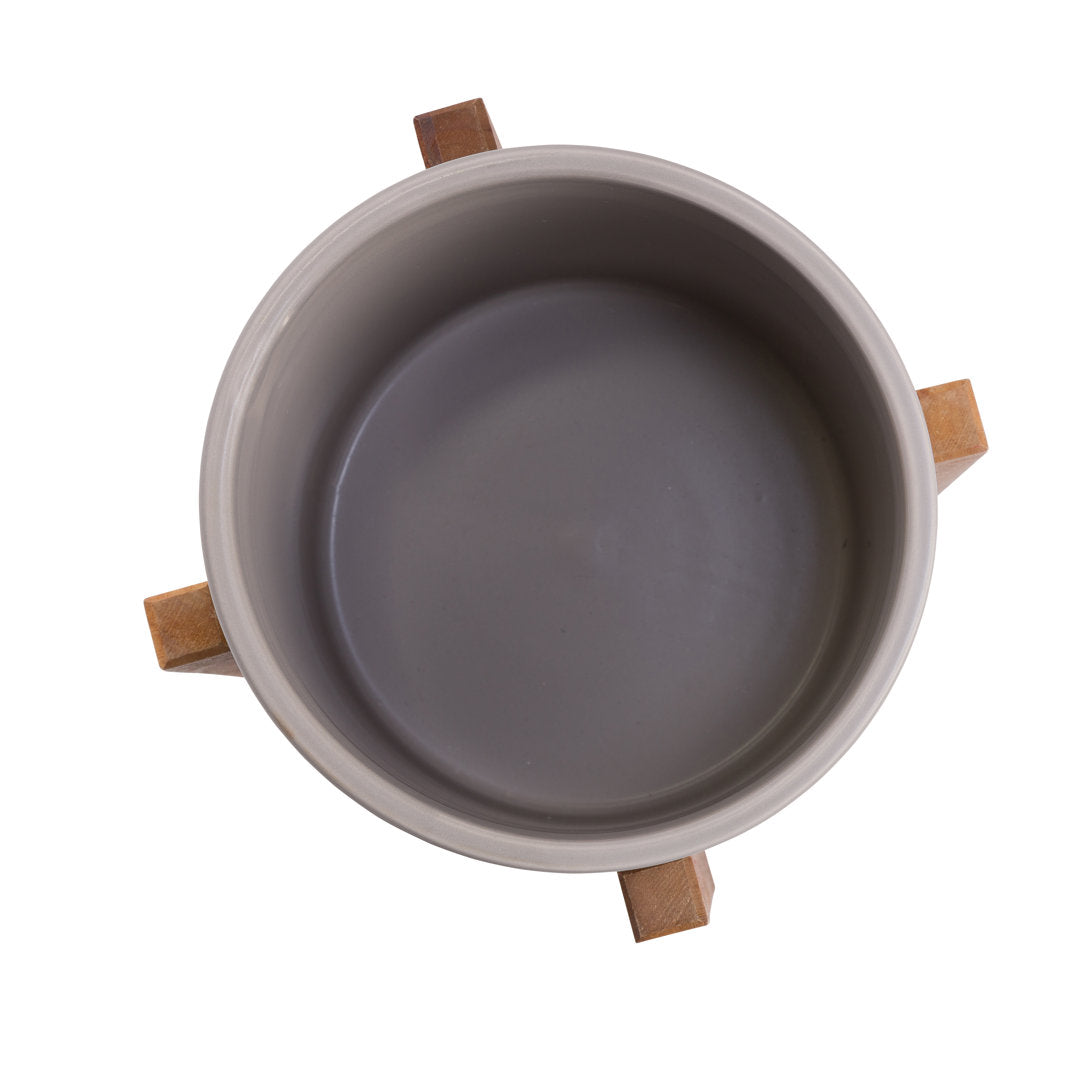 Surles Round Modern Ceramic Indoor Pot Planter with Wood Legs Mercury Row® Color: Gray Size: 13" H x 9" W x 9" D