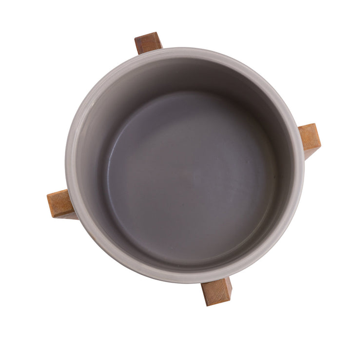 Surles Round Modern Ceramic Indoor Pot Planter with Wood Legs Mercury Row® Color: Gray Size: 13" H x 9" W x 9" D