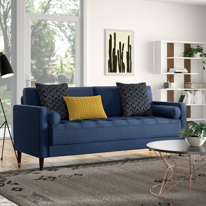 Garren 75.6'' Square Arm Tufted Sofa Mercury Row® Fabric: Navy Blue Linen