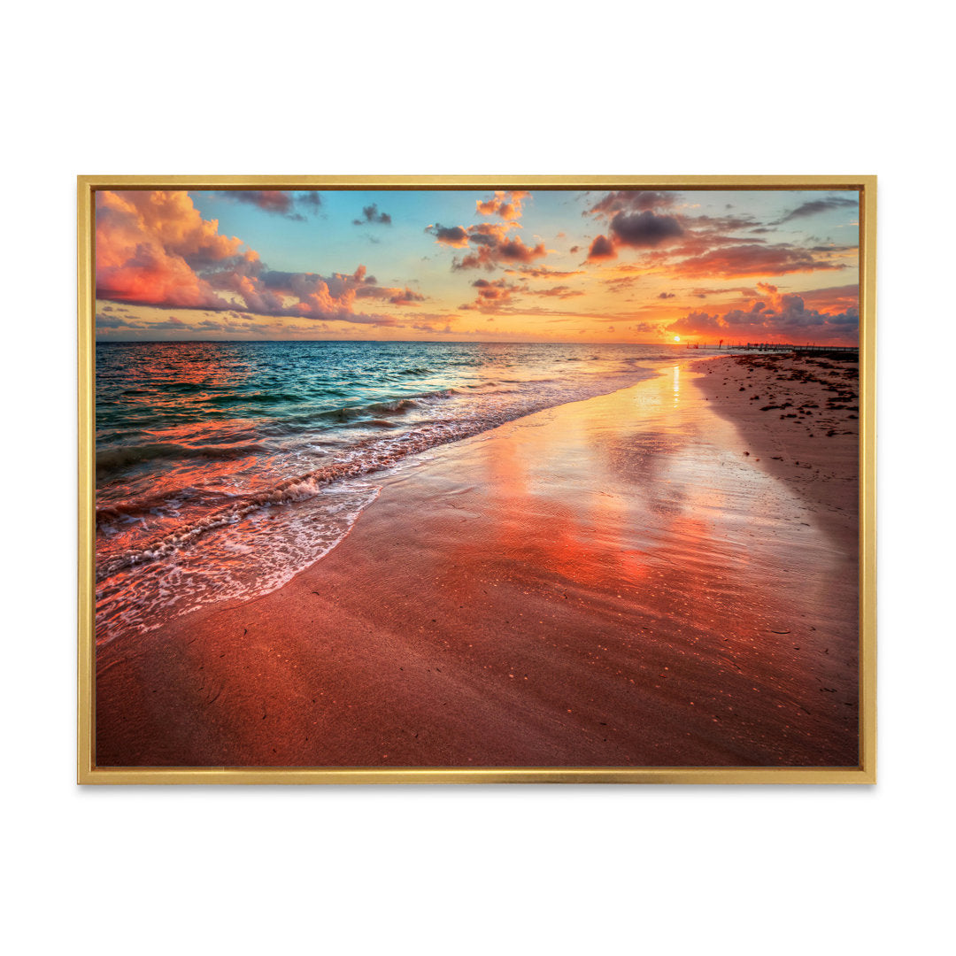 Sunset over an Ocean Beach Shore II - Photograph on Canvas East Urban Home Size: 16" H x 32" W x 1" D Format: Gold Floater Framed