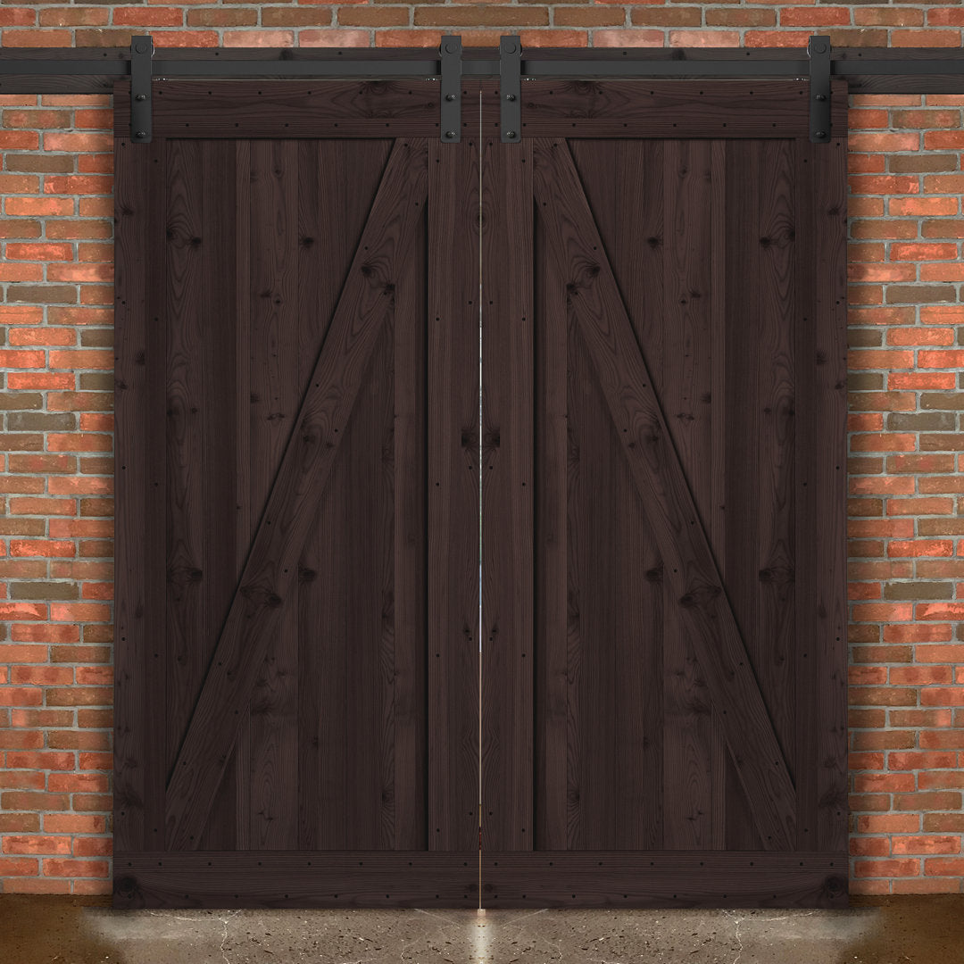 Tarcienne Paneled Wood and Metal Finish Prehung Barn Door with Installation Hardware Kit Millwood Pines Finish: Brown