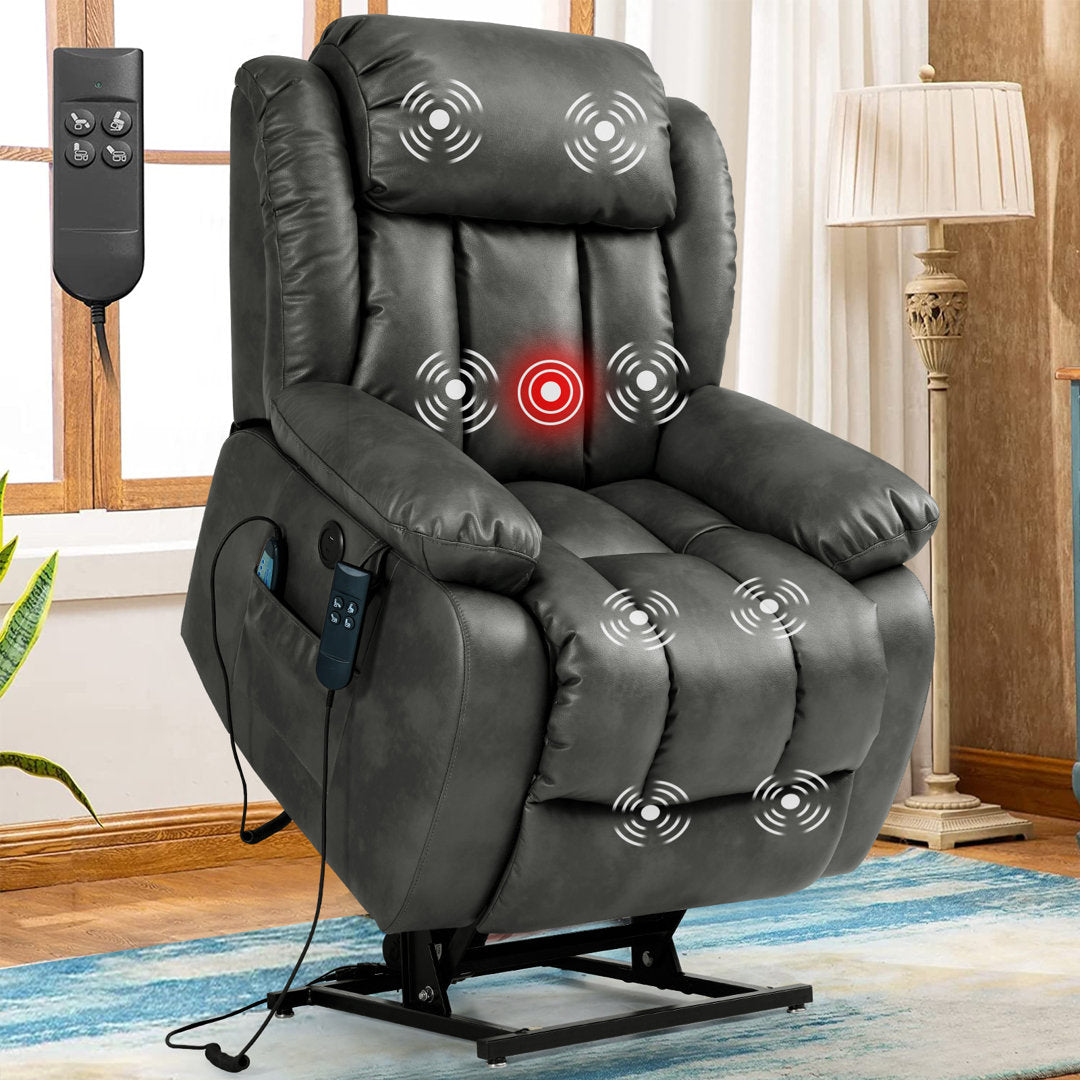 40.1'' Wide Dual Motor Genuine Leather Power Lift Assist Standard Recliner with Massager Latitude Run® Body Fabric: Gray Genuine Leather