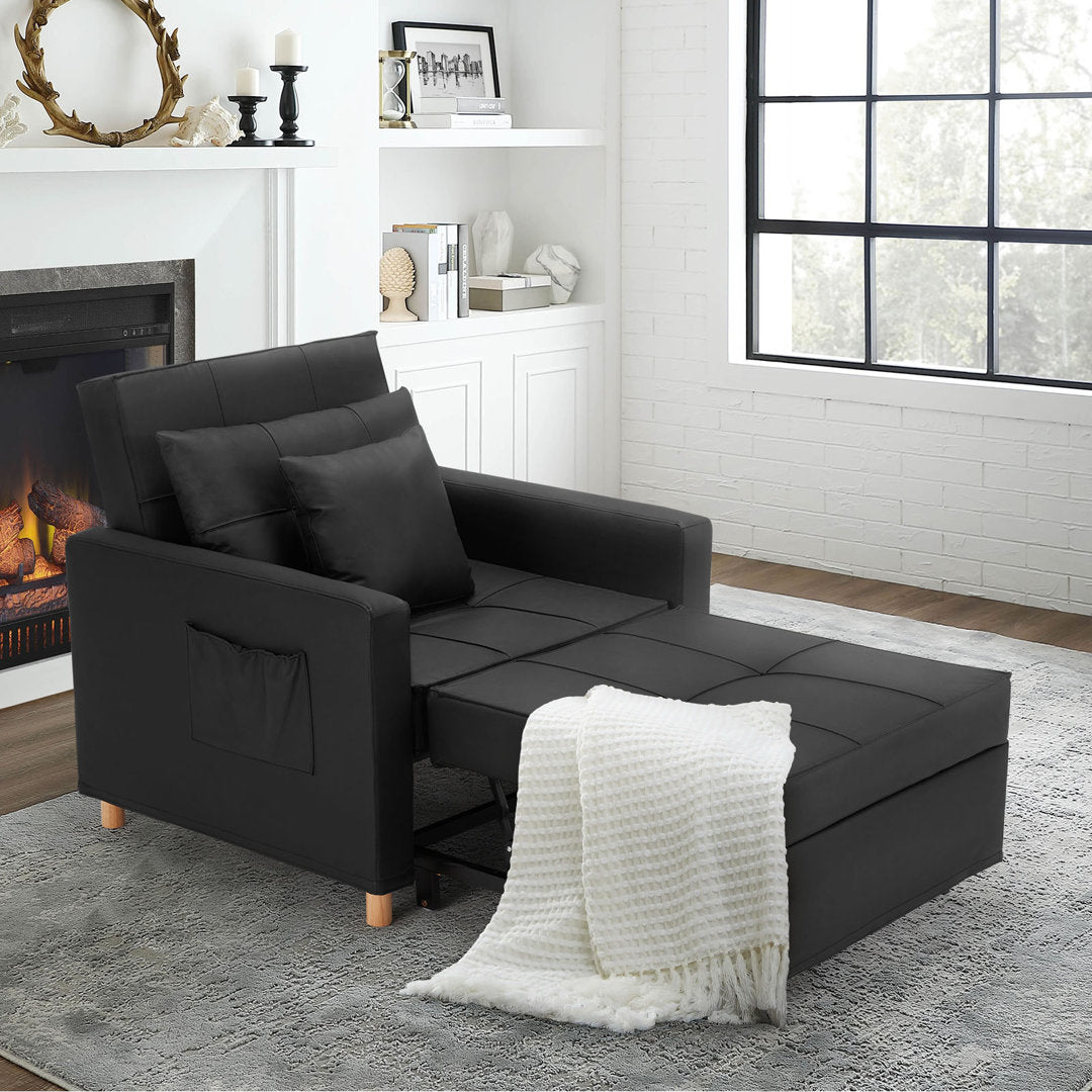 Seamus 40" Wide Tufted Genuine Leather Convertible Chair Steelside™ Body Fabric: Black Faux Leather