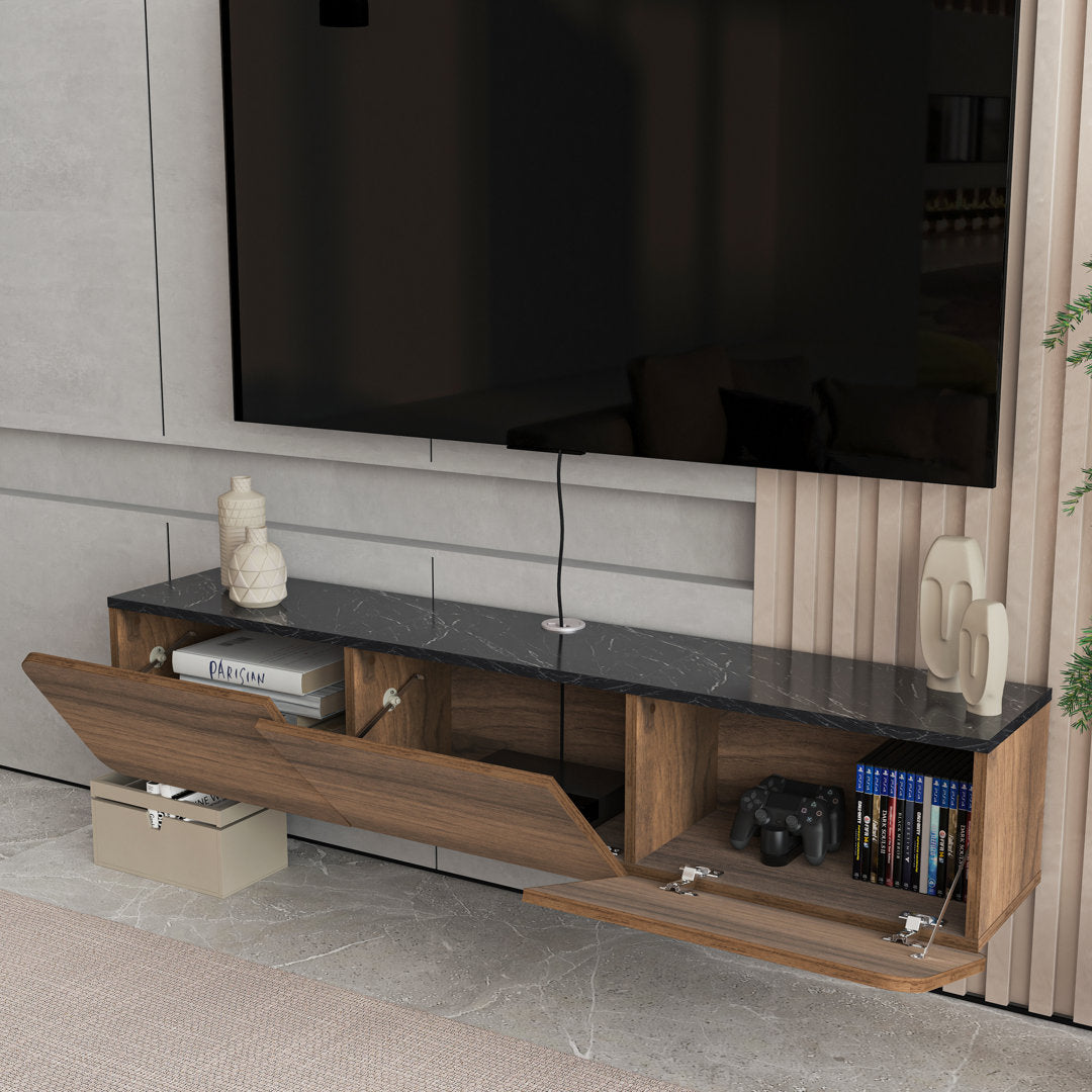 Callysta Floating TV Stand Up to 78" TV's Wall Mounted Media Console Millwood Pines Color:  Black Marble Design/Brown Wood