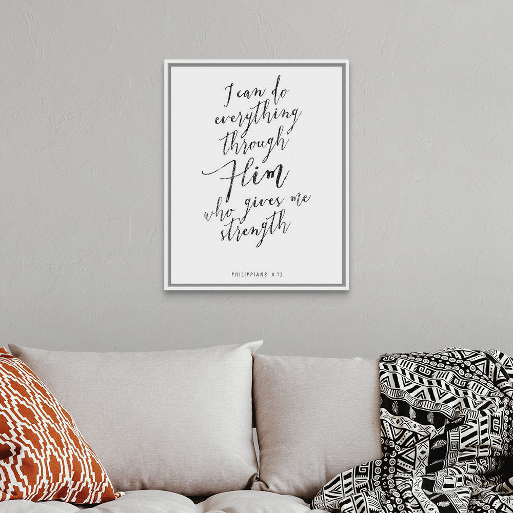 Handlettered Bible Verse - Philippians 4:13 - Textual Art Print on Canvas Gracie Oaks Size: 32" H x 26" W x 1.75" D Format: White Floater Framed