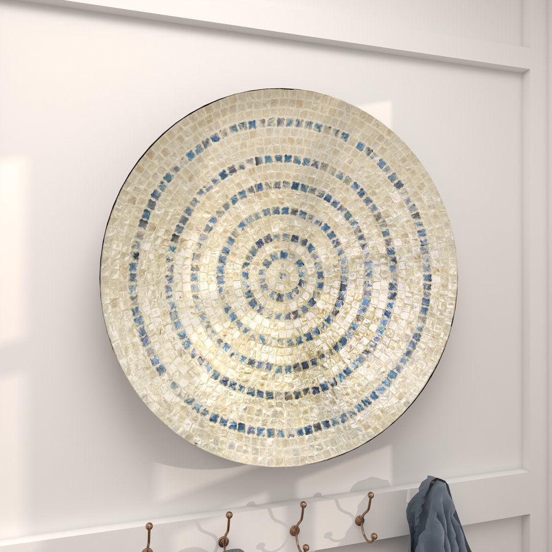 Mother of Pearl Shell Handmade Mosaic Plate Home Wall Decor with Blue Accents Dakota Fields