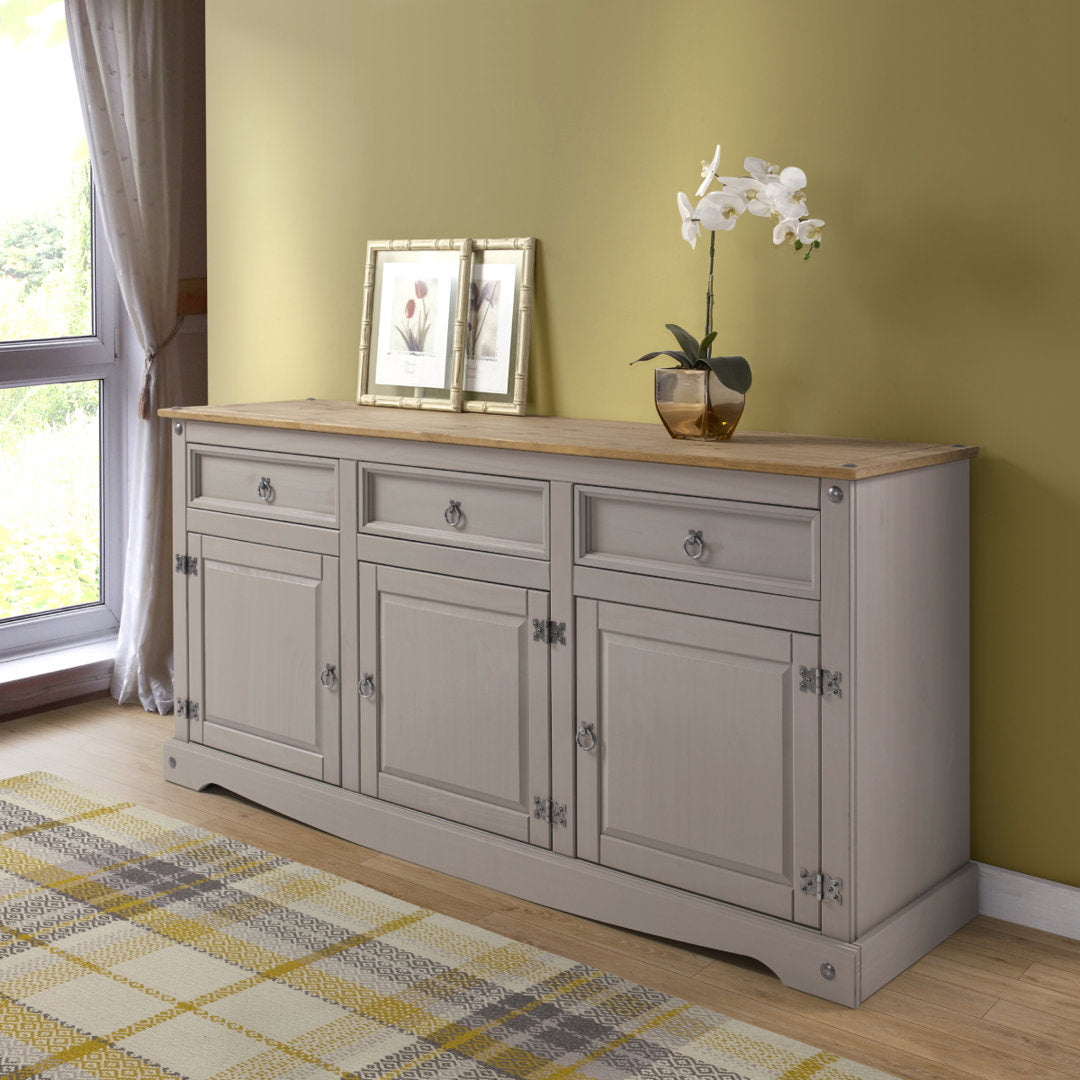 Corona 65.91" Wide 3 Drawer Pine Solid Wood Sideboard Gracie Oaks Color (Base/Top): Gray Wash Stain/Antique Brown Stain