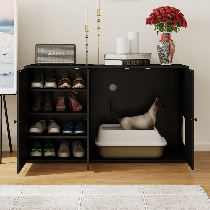 Black Three Door Cat Litter Box Enclosure With 4 Shelves Tucker Murphy Pet™ Color: Black