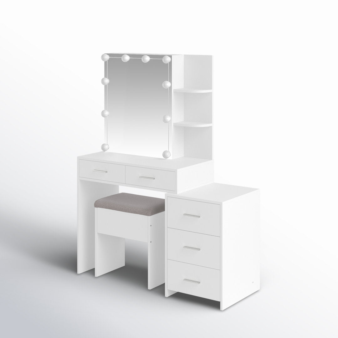 Calletano 44.3"Wide Makeup Vanity Set with Mirror Cabinet, Stool,5 Drawers Wade Logan® Color: White