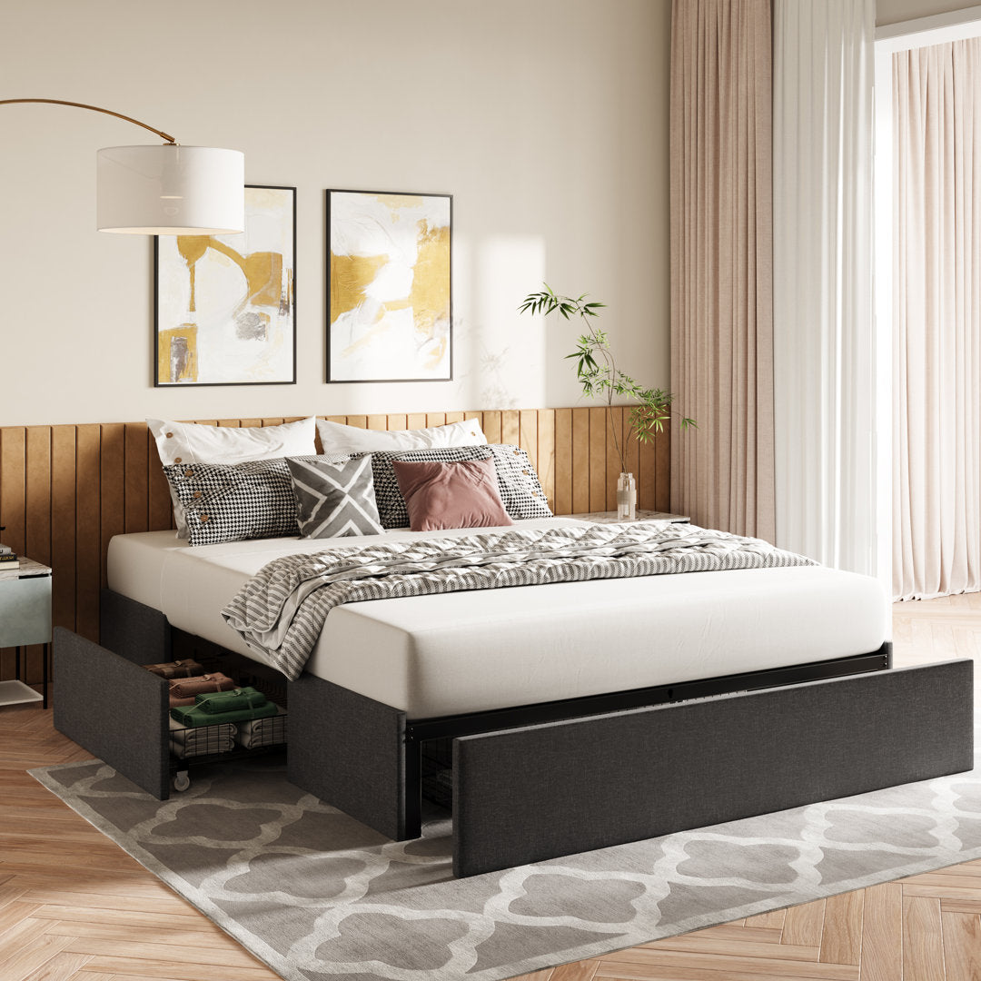Platform Bed With Storage, 3 Large Drawers On Wheels, Fabric Upholstered Platform Bed, No Box Spring Needed, Solid Wood Slats Support, Easy Assembly, Dark Grey Latitude Run® Size: Full/Double