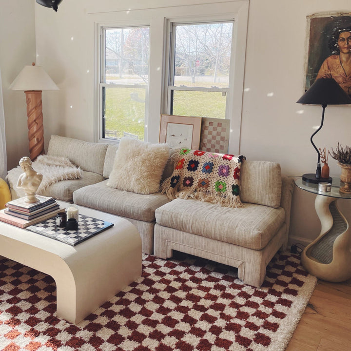 Walker Checkered Burnt Orange/Cream Shag Area Rug AllModern Rug Size: Rectangle 8'9" x 12'