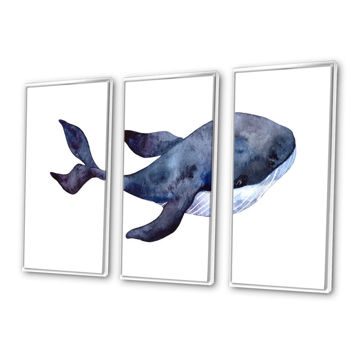 Blue Whale On White IV - Nautical & Coastal Framed Canvas Wall Art Set Of 3 Rosecliff Heights Frame Color: White Size: 32" H x 48" W x 1" D