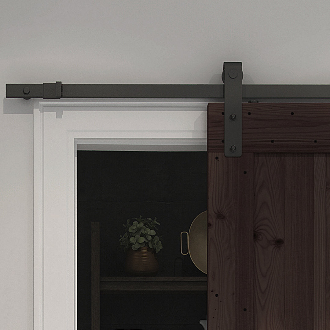 Tarcienne Paneled Wood and Metal Finish Prehung Barn Door with Installation Hardware Kit Millwood Pines Finish: Brown