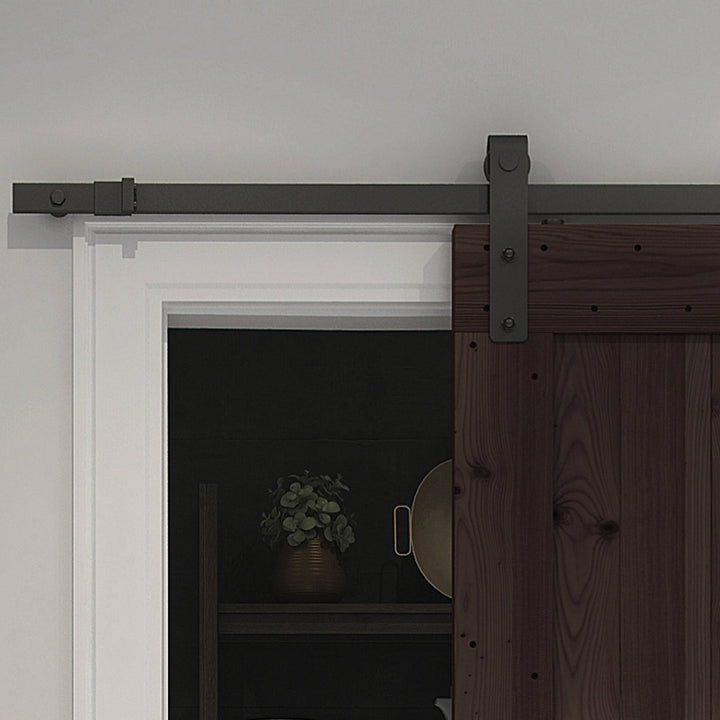 Tarcienne Paneled Wood and Metal Finish Prehung Barn Door with Installation Hardware Kit Millwood Pines Finish: Brown