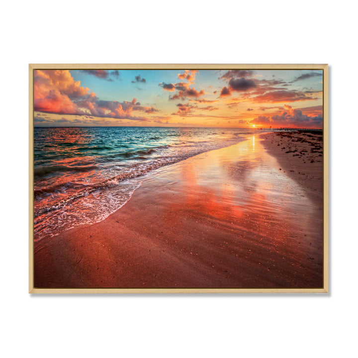 Sunset over an Ocean Beach Shore II - Photograph on Canvas East Urban Home Size: 30" H x 40" W x 1.5" D Format: Maple Floater Framed