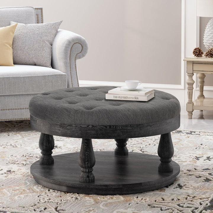 Tawney 40" Wide Tufted Round Cocktail Ottoman with Storage Rosalind Wheeler Leg Color: Gray Body Fabric: Charcoal Fabric