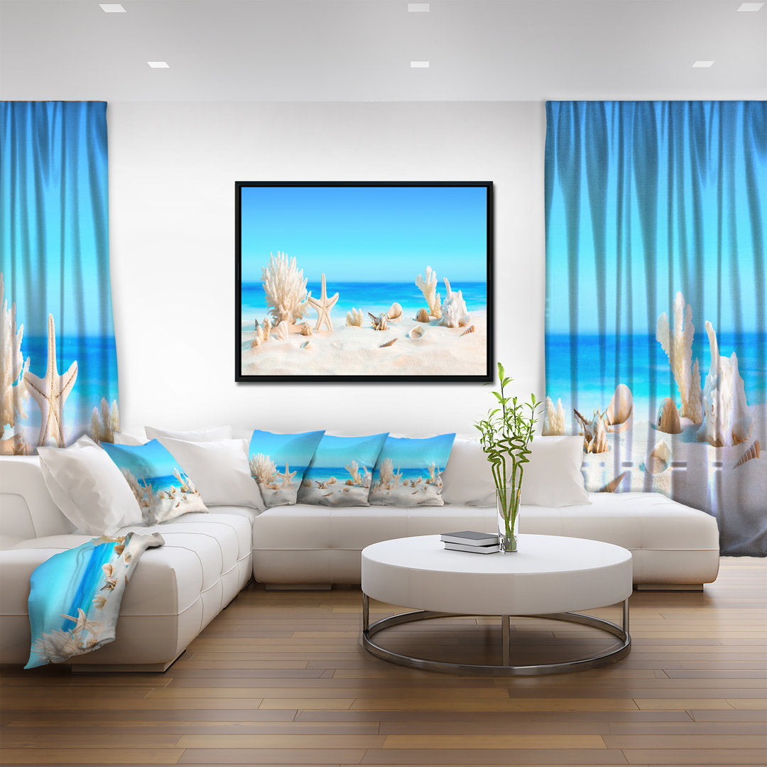 Risa Seashells on Tropical Beach' Graphic Art Highland Dunes Size: 30" H x 62" W x 1.5" D Format: Floater Framed Canvas