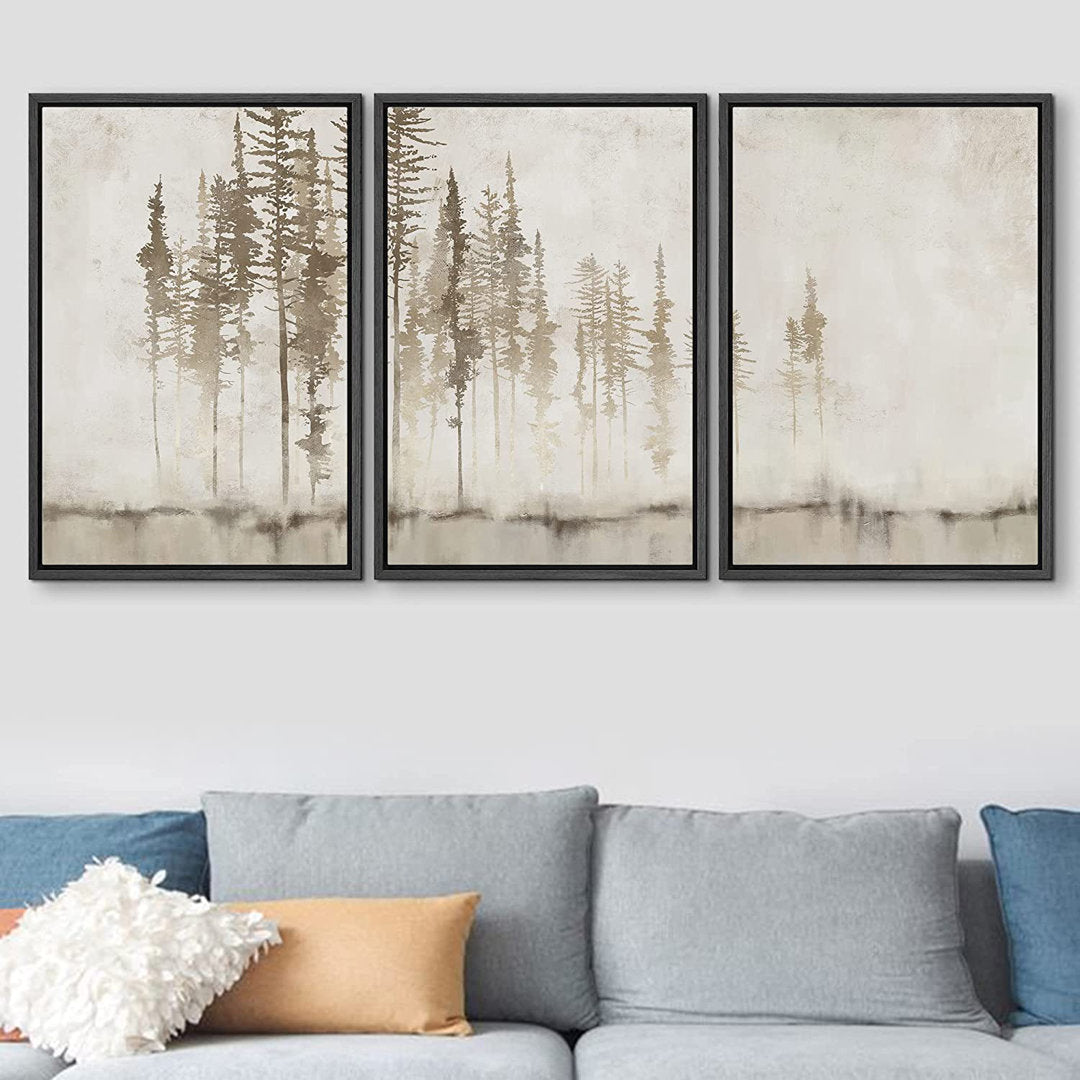 Pastel Abstract Tree Subtle Neutral Modern Rustic Home Decor - Framed Canvas Print Wall Art Work SIGNLEADER Size: 24" H x 48" W Format: Black Framed