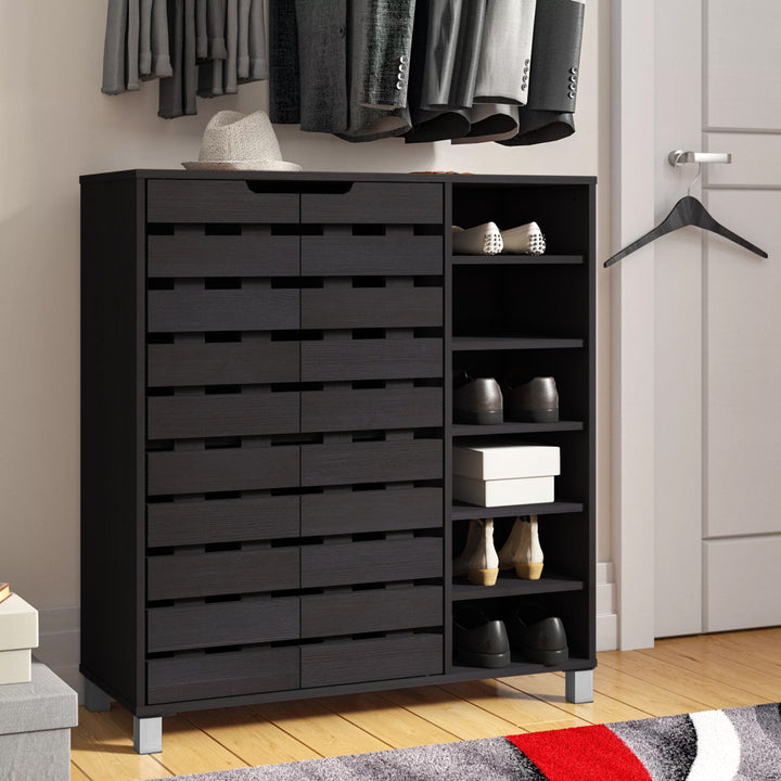 Shirley Modern and Contemporary 2 Door Wood 18 Pair Shoe Cabinet with Open Shelves Ebern Designs