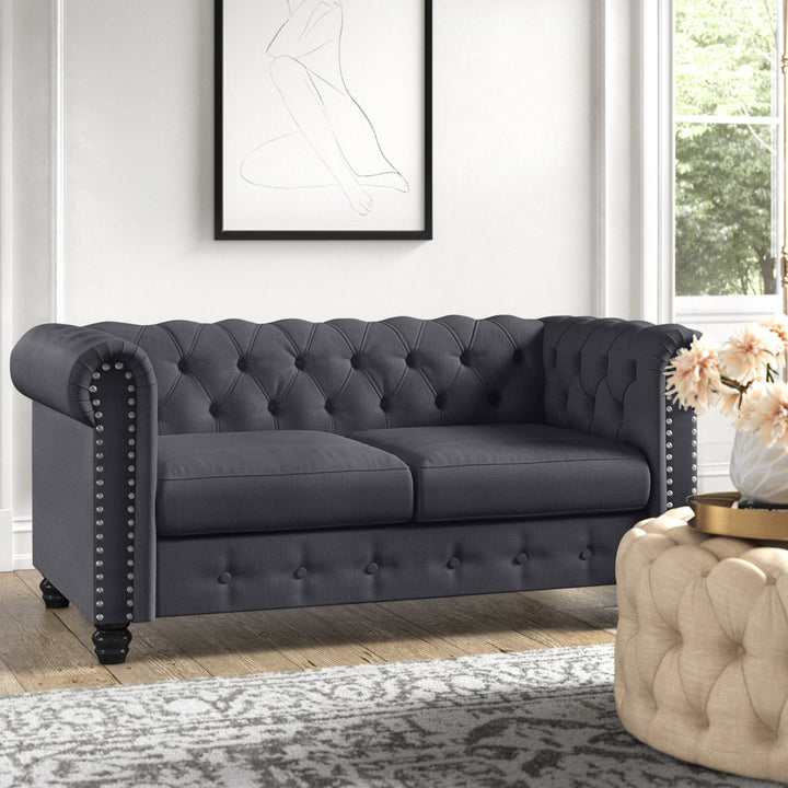 Provence 61" Rolled Arm Chesterfield Loveseat Kelly Clarkson Home Upholstery Color: Charcoal Linen Blend