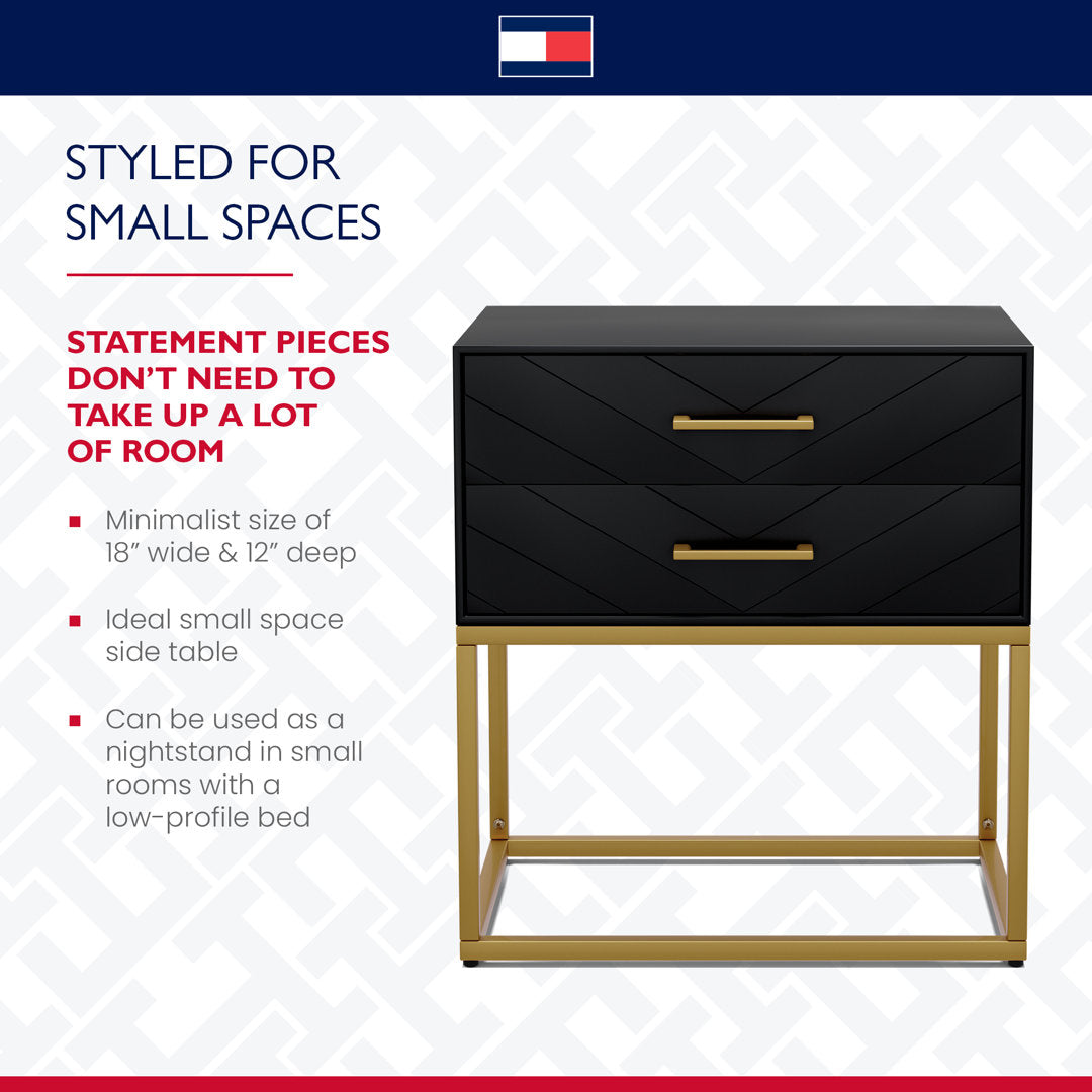 Tommy Hilfiger Ellias Modern Side Table Nightstand with 2 Drawers, Semi Gloss Black & Matte Gold Tommy Hilfiger