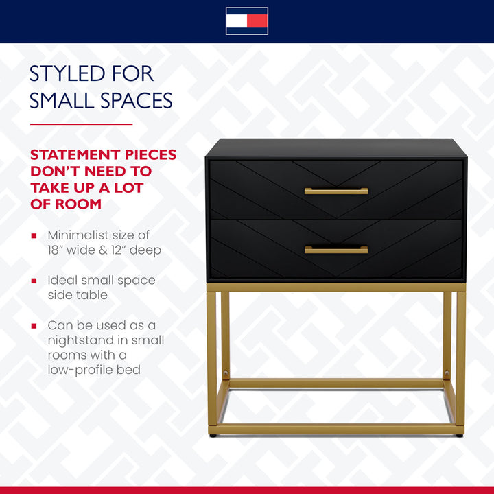 Tommy Hilfiger Ellias Modern Side Table Nightstand with 2 Drawers, Semi Gloss Black & Matte Gold Tommy Hilfiger