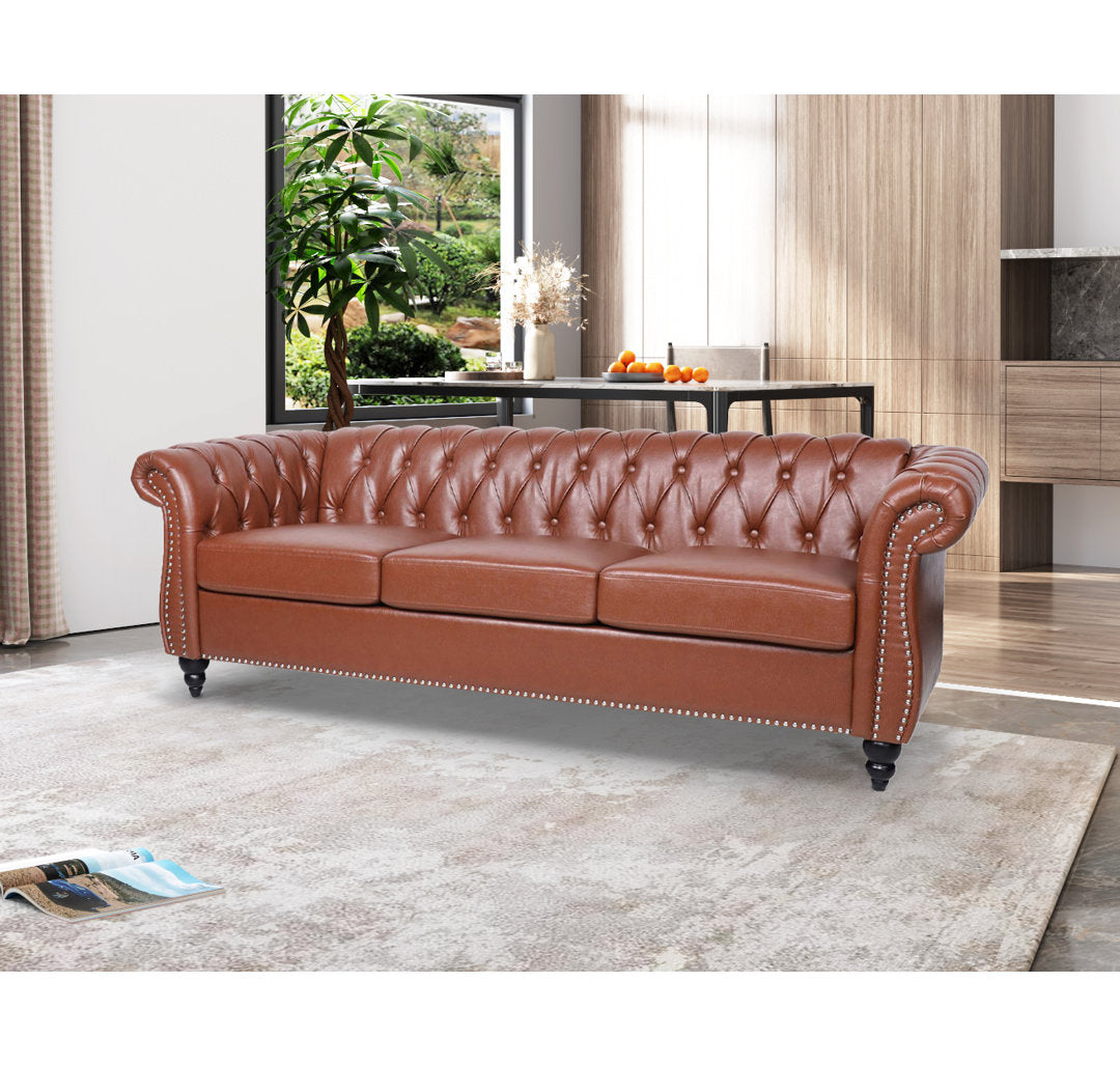 Chesterfield Button Tufted Backrest Multi-seat Upholstered Sofa Canora Grey Fabric: Brown Faux Leather