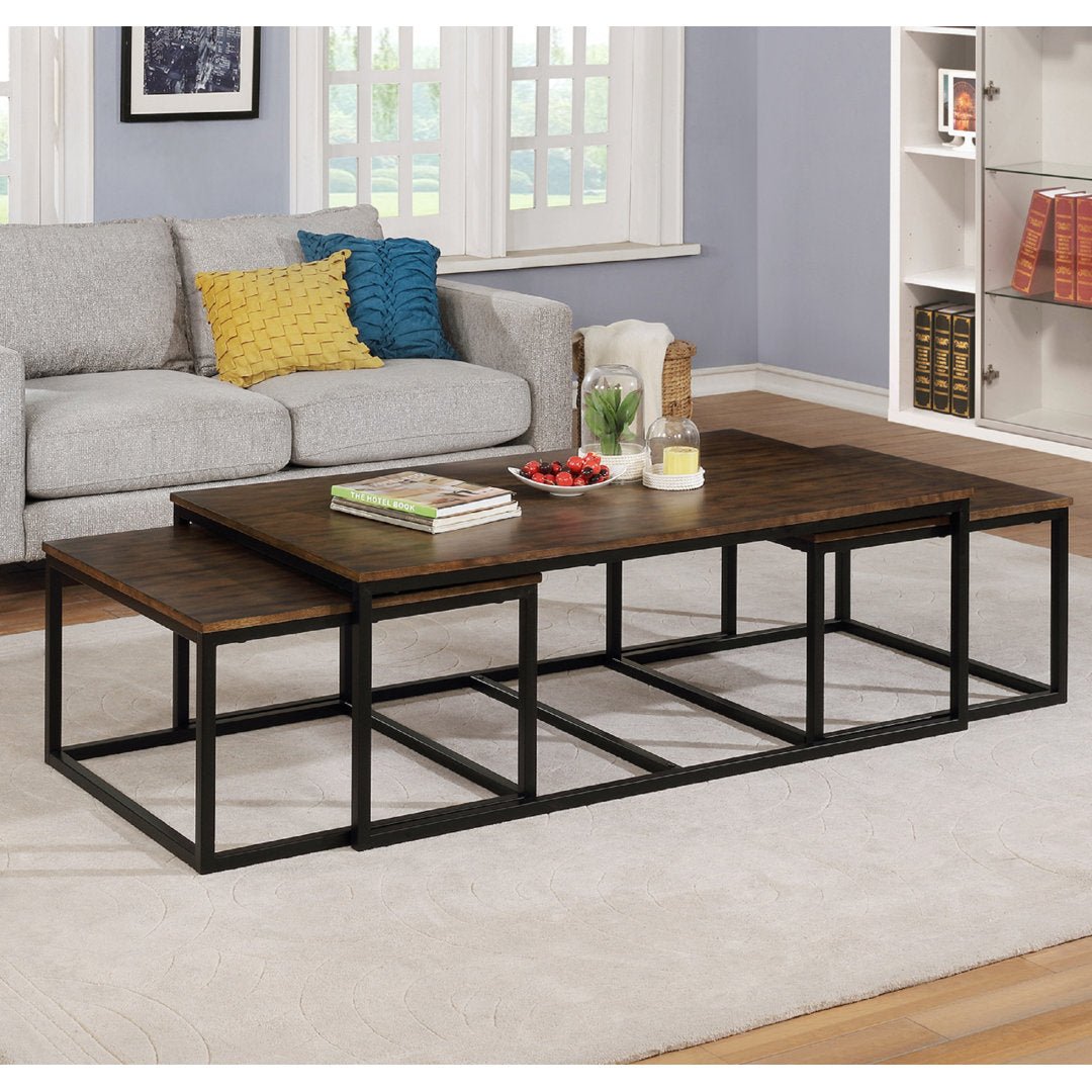 Kersh Arcadia Acacia Wood Nesting Coffee Table Set, 54-Inch, Antiqued Mocha Finish, Industrial Style with Metal Sled Legs, Space-Saving Design, Ideal for Entertaining and Daily Use Laurel Foundry Modern Farmhouse®