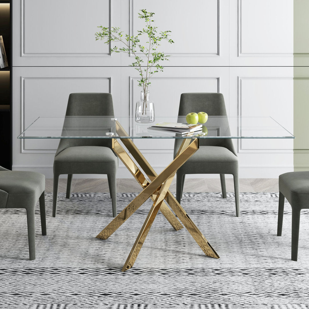 Ceolia 63" Glass Dinning Table with Metal Base for 6 to 8 People Mercer41 Table Base Color: Gold