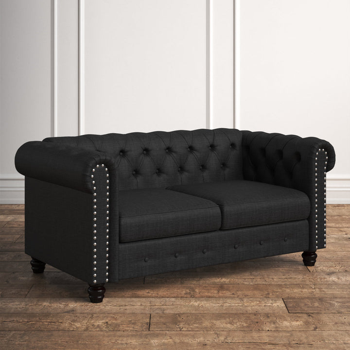 Provence 61" Rolled Arm Chesterfield Loveseat Kelly Clarkson Home Upholstery Color: Dark Gray Linen Blend