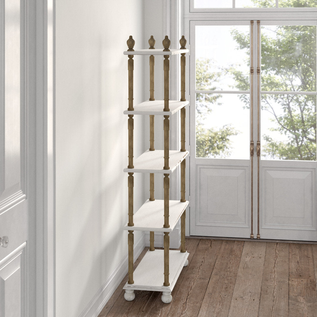 Elodie White Wood Distressed Open 5 Shelf Shelving Unit with Brown Spindle Sides and Ball Feet Kelly Clarkson Home