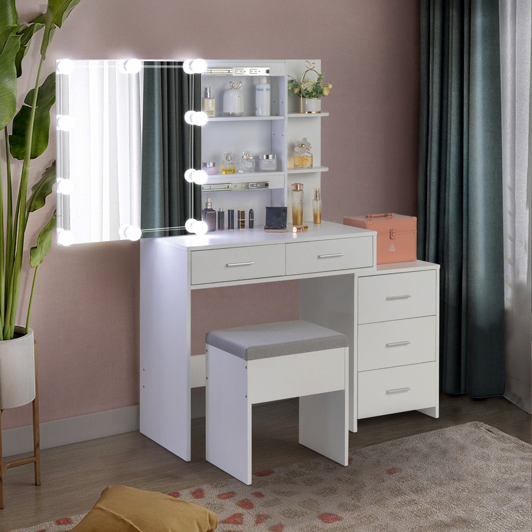 Calletano 44.3"Wide Makeup Vanity Set with Mirror Cabinet, Stool,5 Drawers Wade Logan® Color: White