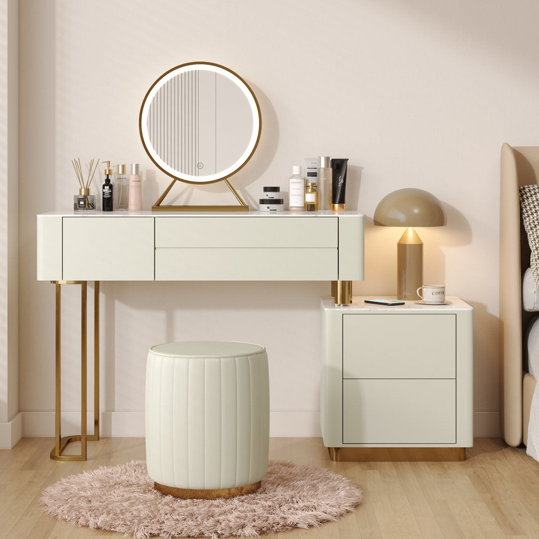 Edorta Vanity Desk with Mirror and Lights, Modern Makeup Vanity Table Set with 4 Storage Drawers and Vanity Stool Hokku Designs