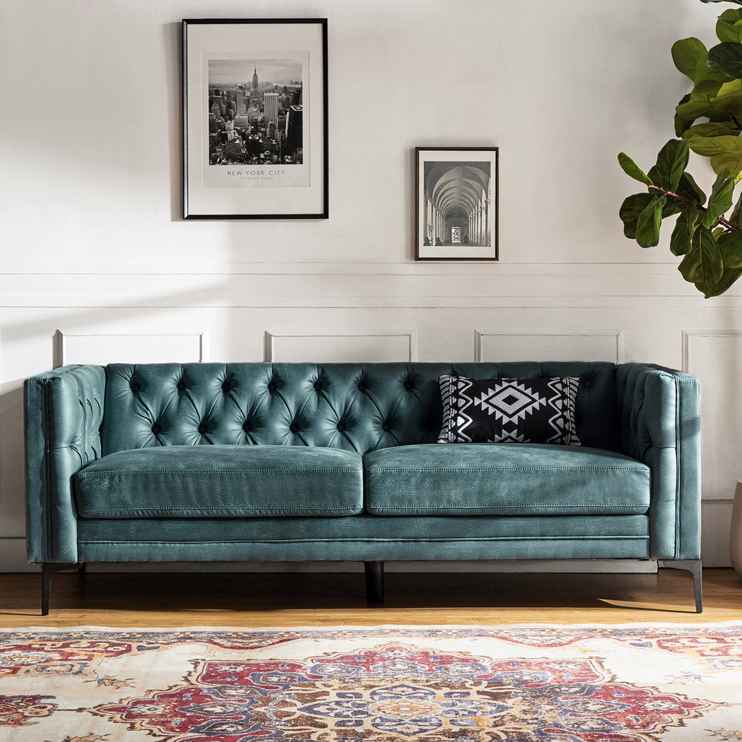 Brinna Contemporary 84" Upholstered Button-tufted Sofa with Metal Legs Wade Logan® Fabric: Blue Polyester