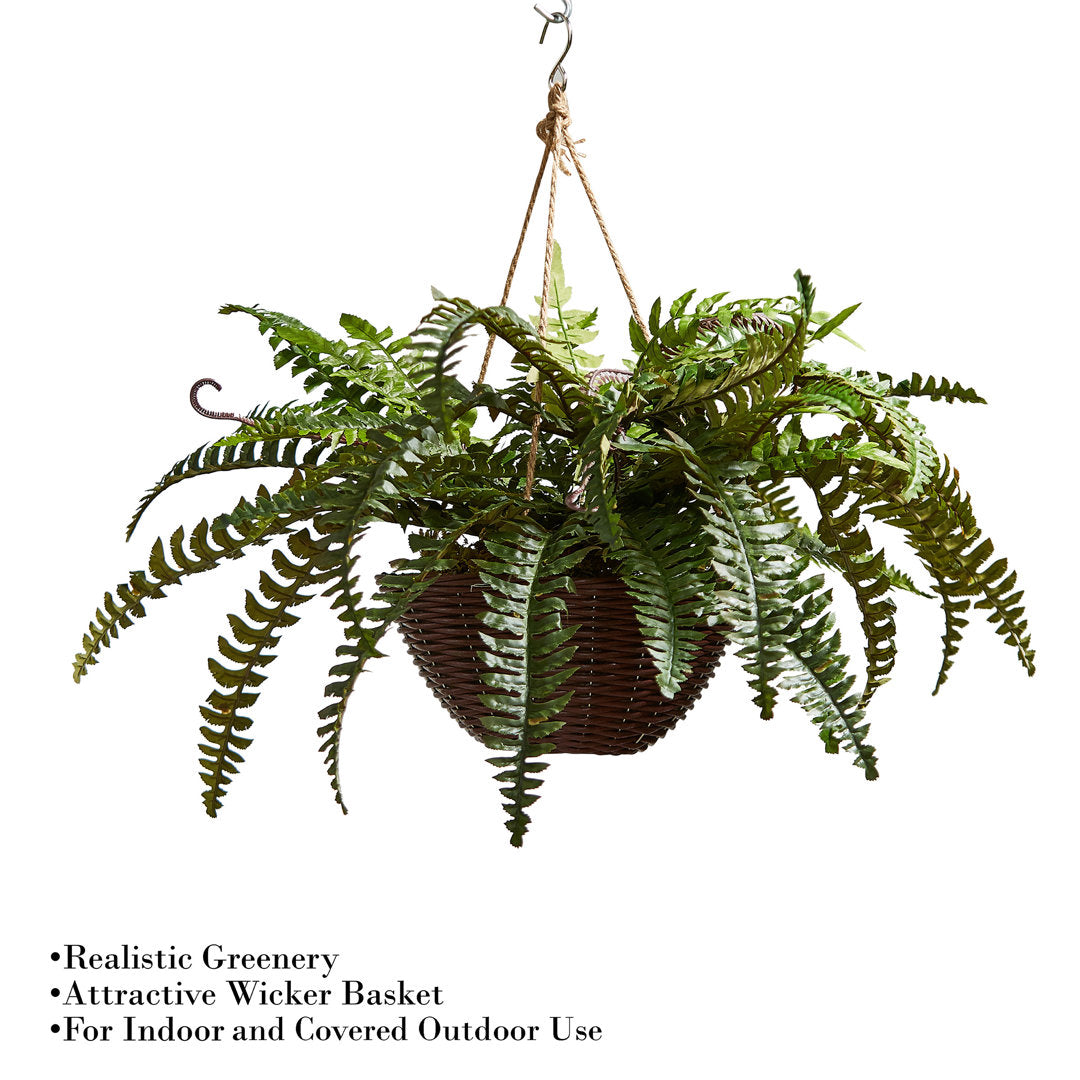 Faux Boston Fern - Hanging Natural and Lifelike Artificial Arrangement and Imitation Greenery with Basket for Home or Office Décor Bay Isle Home™