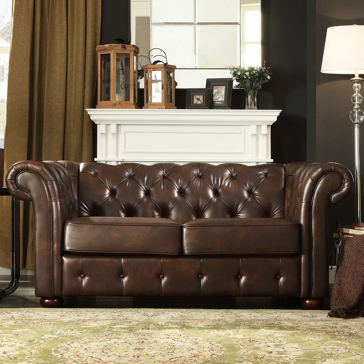 Huskins 68.4" Faux Leather Rolled Arm Chesterfield Loveseat Three Posts™