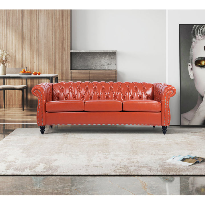 Chesterfield Button Tufted Backrest Multi-seat Upholstered Sofa Canora Grey Fabric: Orange Faux Leather