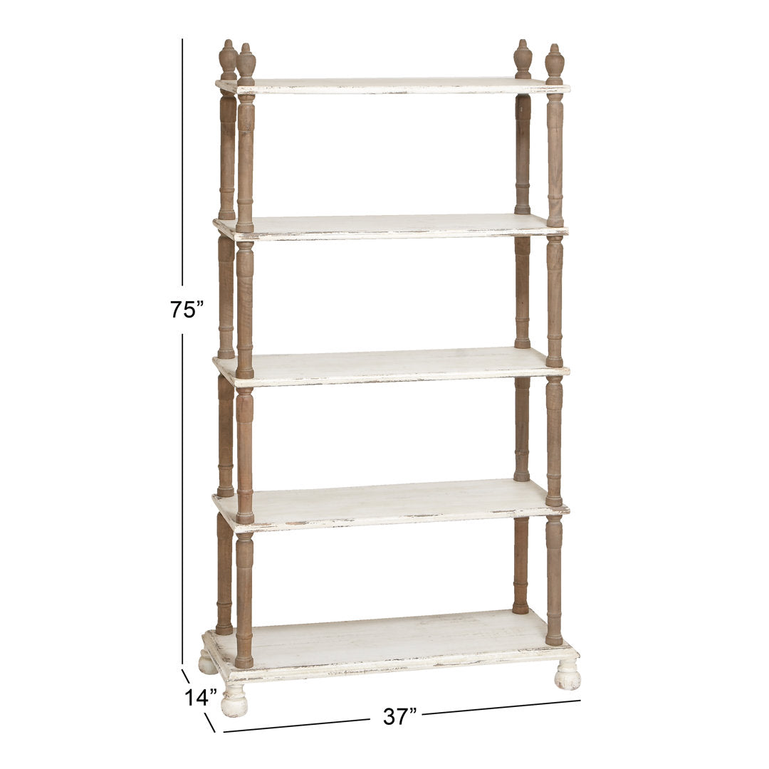 Elodie White Wood Distressed Open 5 Shelf Shelving Unit with Brown Spindle Sides and Ball Feet Kelly Clarkson Home