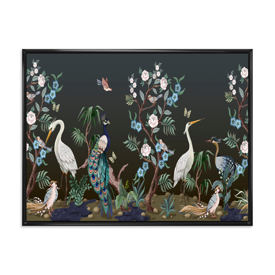 Chinoiserie with Birds and Peonies IV - Painting on Canvas East Urban Home Size: 12" H x 20" W x 1" D Format: Black Floater Frame