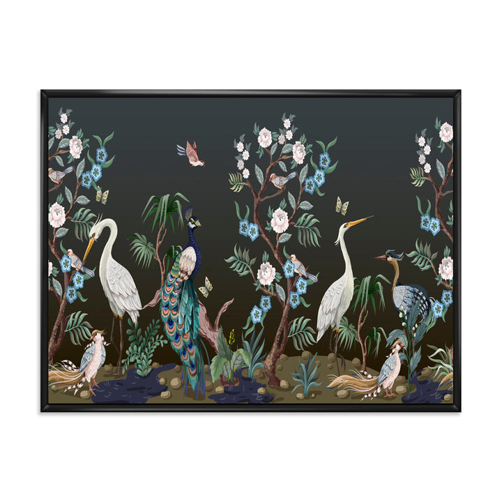 Chinoiserie with Birds and Peonies IV - Painting on Canvas East Urban Home Size: 12" H x 20" W x 1" D Format: Black Floater Frame