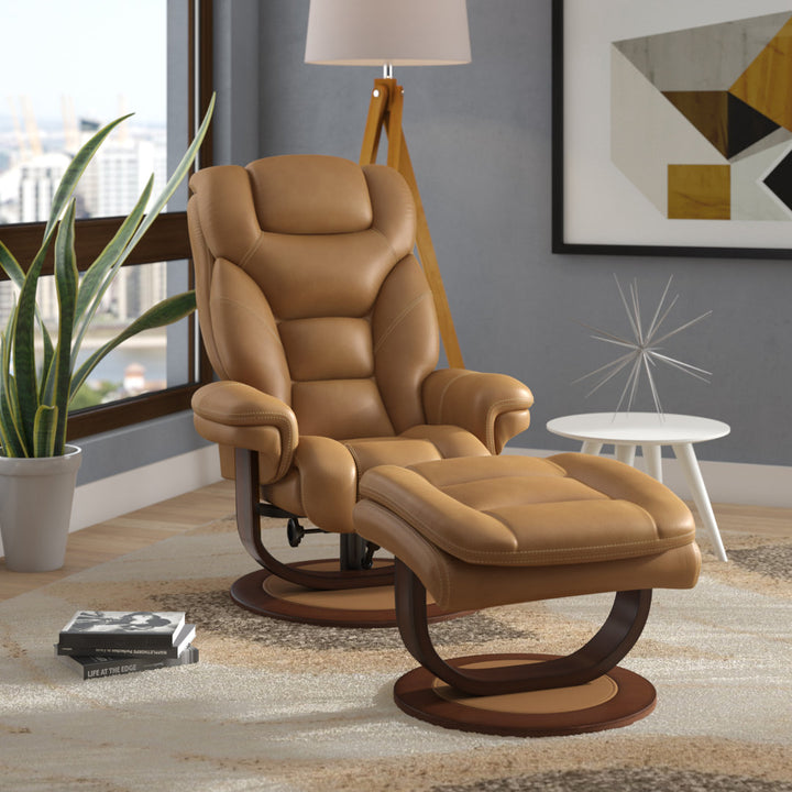 Carolynn 33.5" Wide Leather Match Manual Swivel Ergonomic Recliner with Ottoman Wade Logan® Upholstery Color: Butterscotch Leather Match
