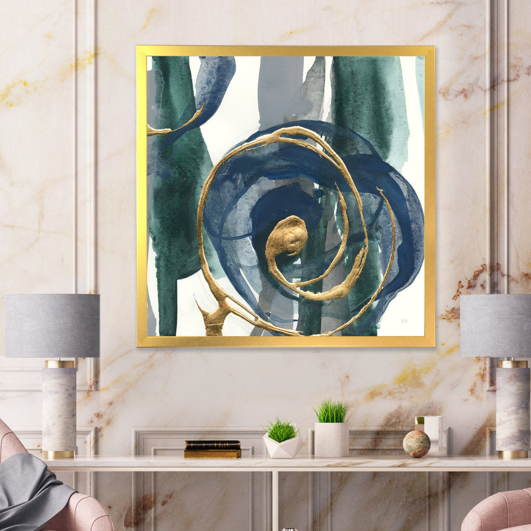 Mettalic Indigo and Gold I - Picture Frame Print on Canvas East Urban Home Size: 16" H x 16" W x 1" D Format: Silver Framed