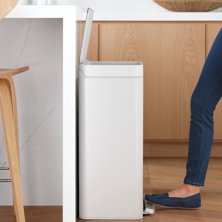 Reset 13 Gallon Kitchen Trash Can, Stainless Steel Hand Free Step Trash Can with Quiet-Close Lid Kohler Color: White/Stainless Steel