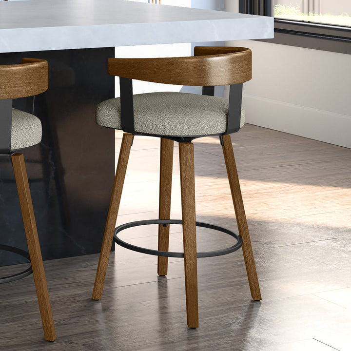 Calvion Swivel Counter & Bar Stool with Wooden Backrest Wade Logan® Upholstery: Light Beige/Gray Bouclé, Seat Height: Counter Stool (26.25" Seat Height)