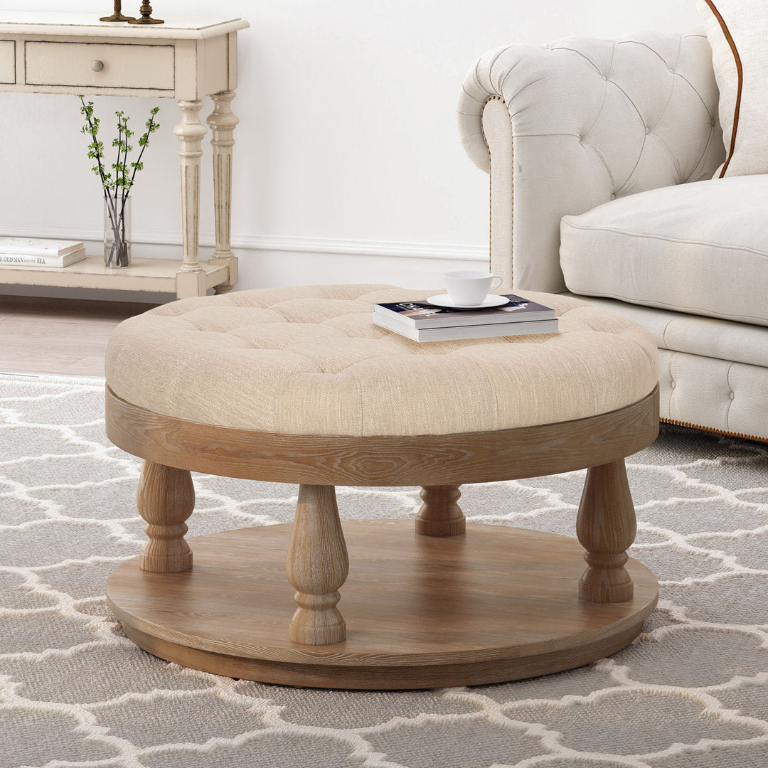 Tawney 40" Wide Tufted Round Cocktail Ottoman with Storage Rosalind Wheeler Leg Color: Weathered Body Fabric: Beige Fabric