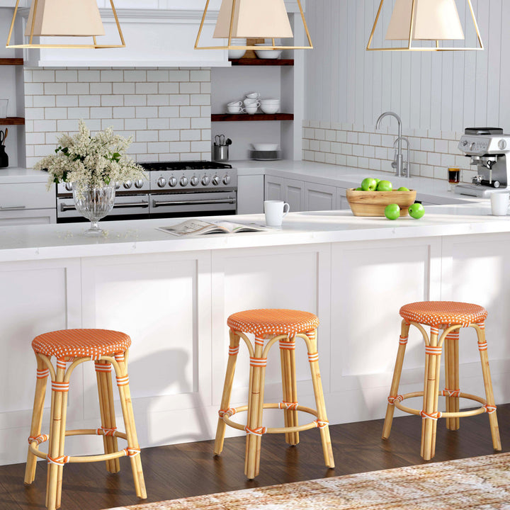 Alastair Bar & Counter Stool Birch Lane™ Color: Orange/White Dot/Natural Rattan Frame Seat Height: Counter Stool (24" Seat Height)