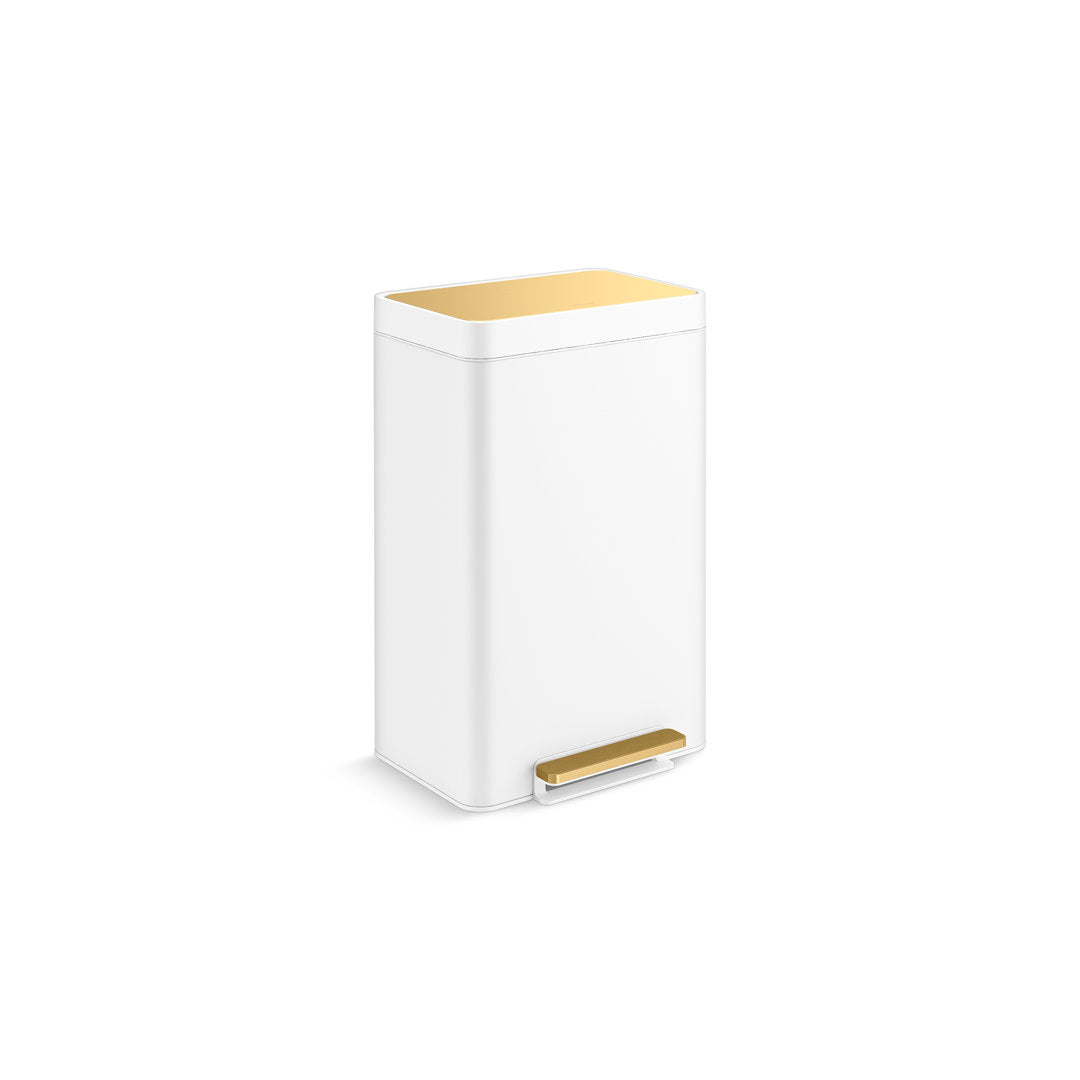 Reset 13 Gallon Kitchen Trash Can, Stainless Steel Hand Free Step Trash Can with Quiet-Close Lid Kohler Color: White/Brushed Brass