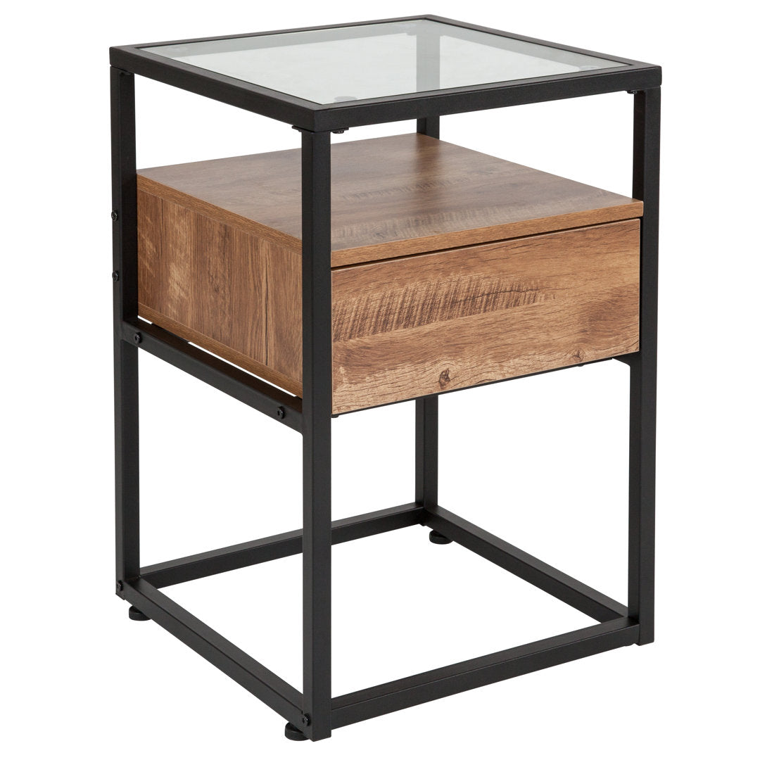 Riaan Glass End Table with Drawer and Shelf in Rustic Wood Grain Finish Union Rustic