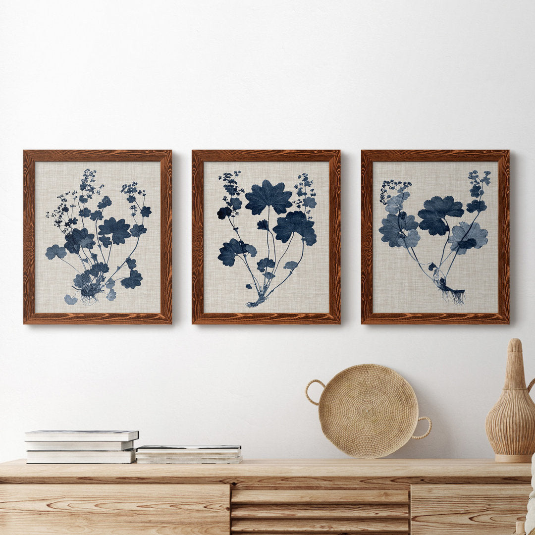 Navy and Linen Leaves II - 3 Piece Picture Frame Painting Set on Canvas Red Barrel Studio® Frame Color: Maple Size: 24" H x 36" W x 1.5" D