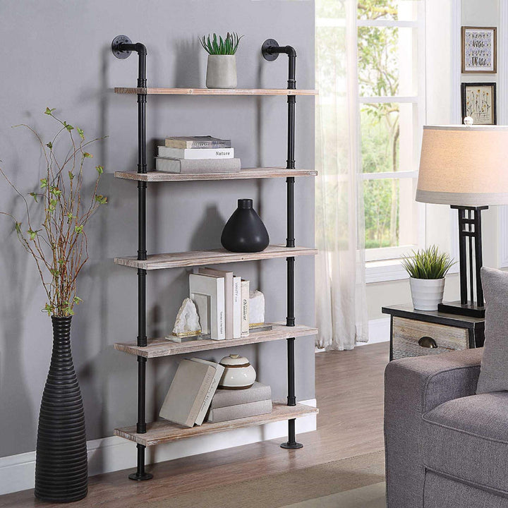 Juan 5 Tiered Shelf Industrial Pipe Shelves Williston Forge Finish: Black Pipe/White Washed Shelves
